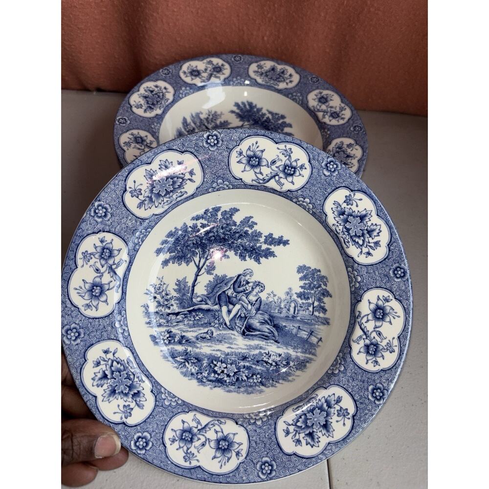 6 Vtg Adams Blue Lawnton Dinner Soup Bowls 8” No Crazing